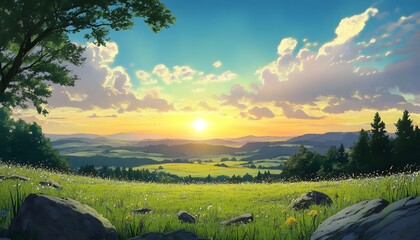 Obraz premium Serene Sunset Over Rolling Hills and Green Meadow