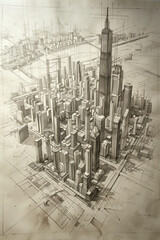 Fototapeta premium Urban planning sketches: projecting designs on large city maps with pencil