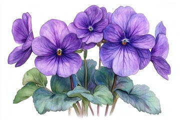 A watercolor illustration of purple violets with green leaves.