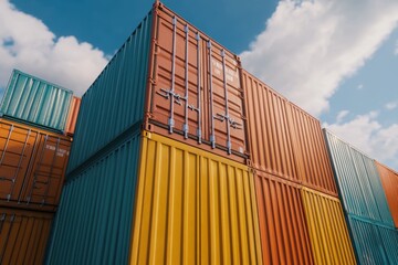 Colorful Shipping Containers Stacked Under a Bright Blue Sky with Fluffy Clouds, Capturing the Vibrant Essence of Global Trade and Transport Logistics