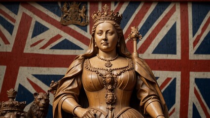 A bold wooden carving of Queen Victoria, depicted with her royal crown and scepter, surrounded by carved British monarchy symbols, lions, and union jack flags.