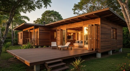 Fototapeta premium Luxurious Tropical Modern Wooden House with Deck and Sliding Doors at Sunset