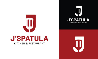 Letter Initial J Spatula Logo Design Template. Suitable for Restaurant Kitchen Bistro Cafe Catering Eatery Grill Barbeque or Chef Cook Kitchener Food Blogger Business Brand Company Logo Design