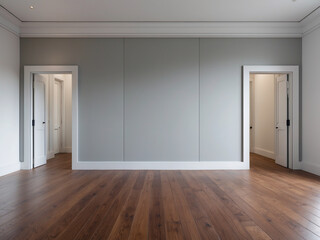 Fototapeta premium Minimalist interior featuring gray walls, rich wooden flooring, and three white-paneled doors with gold hardware. Recessed ceiling lights add modern elegance. Simple and clean design.