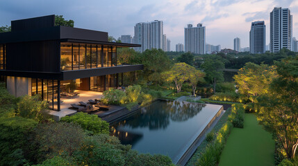 Fototapeta premium Modern Tropical Oasis: A luxurious contemporary home nestled amidst lush greenery, boasting a sleek black exterior, expansive windows, and a tranquil infinity pool.