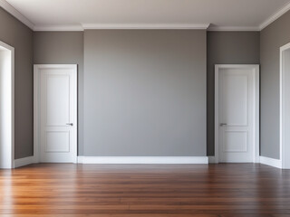 Obraz premium Minimalist interior featuring gray walls, rich wooden flooring, and three white-paneled doors with gold hardware. Recessed ceiling lights add modern elegance. Simple and clean design.