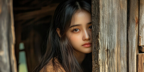 Fototapeta premium A beautiful Japanese girl with long hair, wearing a shirt and shorts, looks out the window of an old wooden hous, generative AI