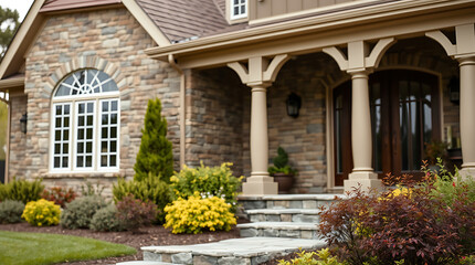 Stone house exterior showcasing a multi-paned arched window, a covered porch with columns, a stone staircase, and landscaping with shrubs and flowers.  The stonework is a mix of browns and tans.