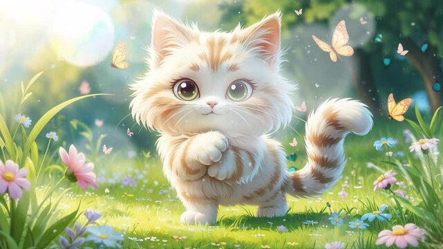 A cat playing in the garden, with butterflies, smooth looping video with 4K animation 