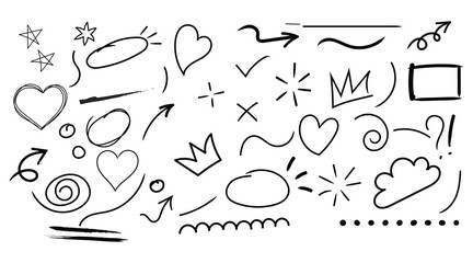 Vector set of different crowns, hearts, stars, crystals, sparkles, arrows, lightnings, diamonds, signs and symbols. Hand drawn, doodle elements isolated on white background.