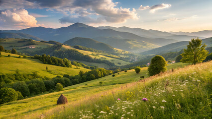 Naklejka premium Panoramic view of Romania's beautiful countryside with grassy fields, rolling hills, and mountain landscapes under the warm springtime sun