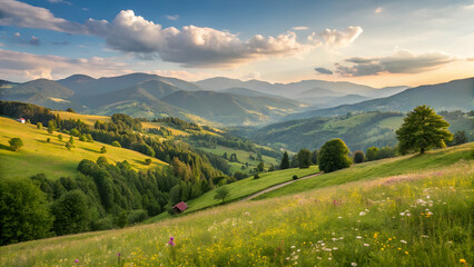 Obraz premium Panoramic view of Romania's beautiful countryside with grassy fields, rolling hills, and mountain landscapes under the warm springtime sun