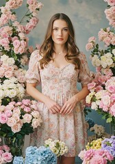 Young Woman in Floral Dress Surrounded by Flowers