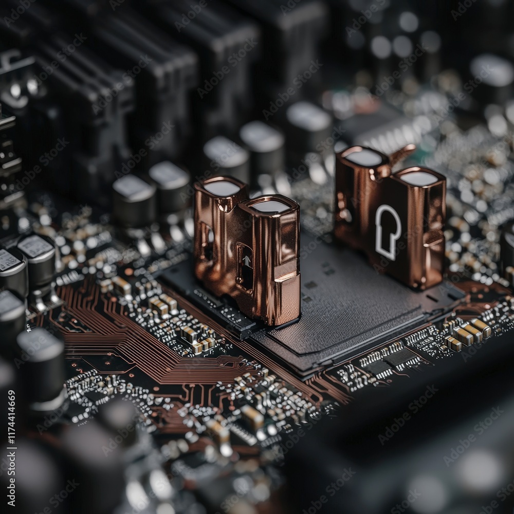 Poster futuristic motherboard close up of cpu microchip security data flow technology innova