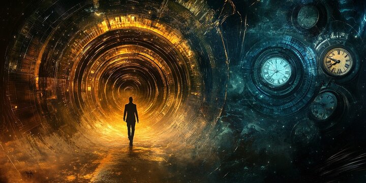 A lone figure walking through a cosmic time vortex with glowing clocks, evoking mystery