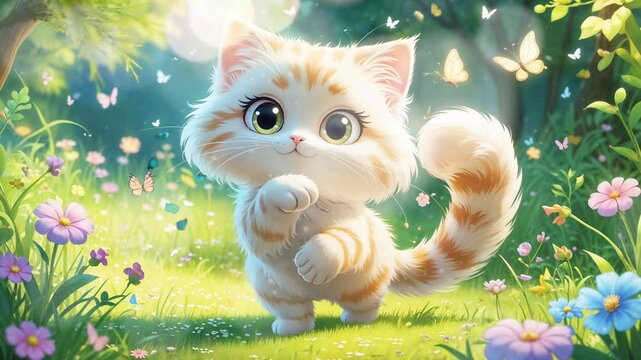 A cat playing in the garden, with butterflies, smooth looping video with 4K animation 
