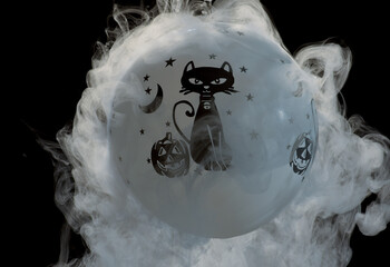 Cat and pumpkin hand painted balloon Halloween theme with swirling smoke and fog creating unique...