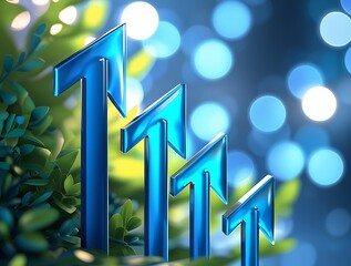 Business growth concept with blue arrows showing financial progress, success trends, and upward performance, combined with sustainable development, innovation, and economic stability in a dynamic envi