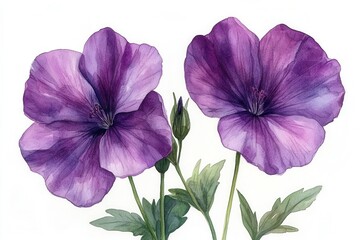 A watercolor illustration of two vibrant purple flowers with green leaves.