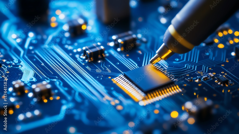 Poster close-up of a computer chip being inspected on a circuit board with blue lighting highlighting intri