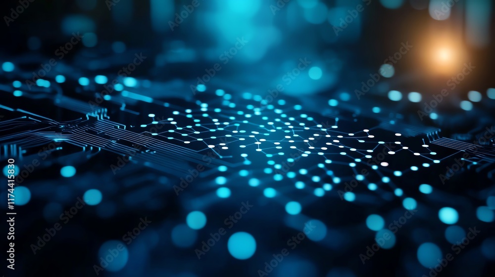 Poster close-up of a high-tech circuit board showing glowing blue lights and intricate patterns, symbolizin