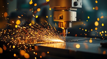 Close-up of a laser cutting machine producing sparks, showcasing advanced technology in metal fabrication and precision engineering.