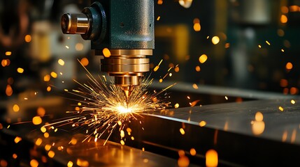 Close-up of a laser cutting machine creating sparks while cutting through metal, showcasing precision and industrial technology.