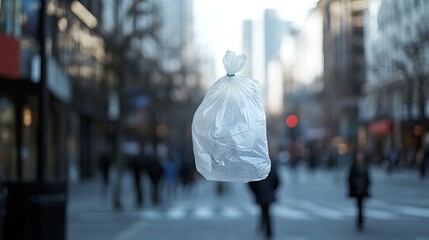 Obraz premium Floating Plastic Bag in Urban Environment Caught in Wind Against Cityscape Background