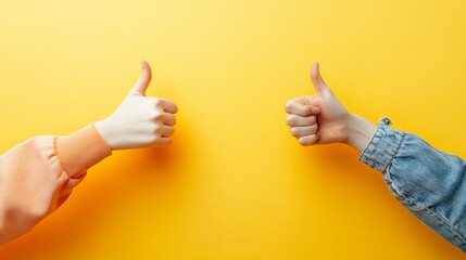Positive Exchange Between Customer and Employee with Thumbs Up Gesture on Yellow Background