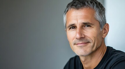 Fototapeta premium Well-Groomed Man with Sharp Defined Nose After Rhinoplasty Procedure Smiling in a Modern Setting