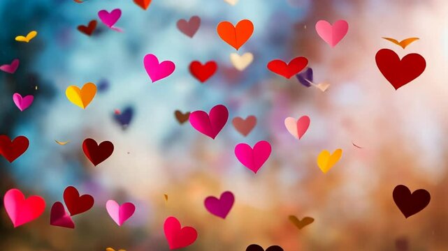 Heartfelt Celebration: A shower of colorful paper hearts dances in a dreamy, blurred background, creating a romantic and joyful atmosphere perfect for Valentine's Day or any celebration of love.