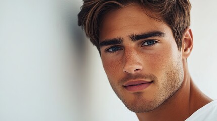 Fototapeta premium Male Model Showcasing Subtle Nose Contour Enhancement and Depth in a Soft Lighting Portrait