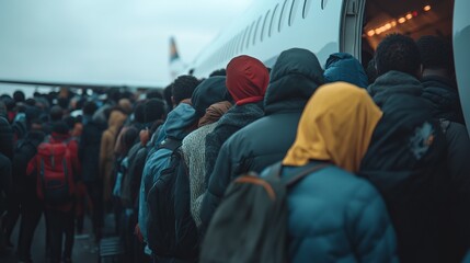 Close-Up of Diverse Group of African Migrants Boarding Plane in Harsh Weather Conditions
