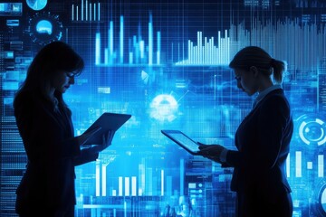 Corporate colleagues using tablets to analyze data and discuss growth opportunities