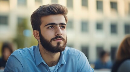 Obraz premium Young Middle Eastern Migrant Attending Language School with Focused Expression Outdoors