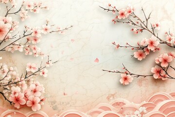 Delicate cherry blossoms frame a serene background, evoking spring's beauty.