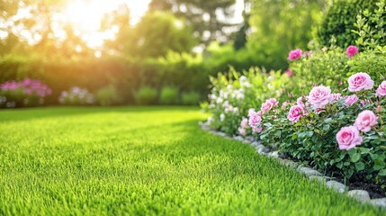 Obraz premium Lush Green Garden with Vibrant Roses and Shrubs Under Soft sunlight in Blooming Paradise
