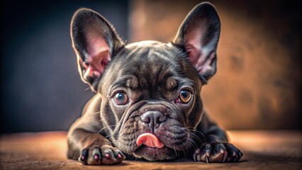Adorable Black French Bulldog Puppy Licking Paw in Low Light - Sweet Canine Closeup