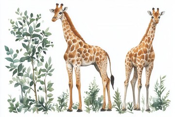 Two giraffes standing among green foliage, illustrating wildlife and nature.