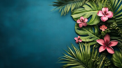 Vibrant Tropical Garden Featuring Exotic Plants and Colorful Flowers on a Teal Background