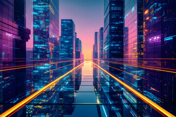 Neon cityscape at sunset, futuristic city street reflection.