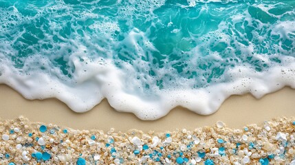 Obraz premium Close-Up View of Plastic Microbeads and Foam on a Beach with Turquoise Waves