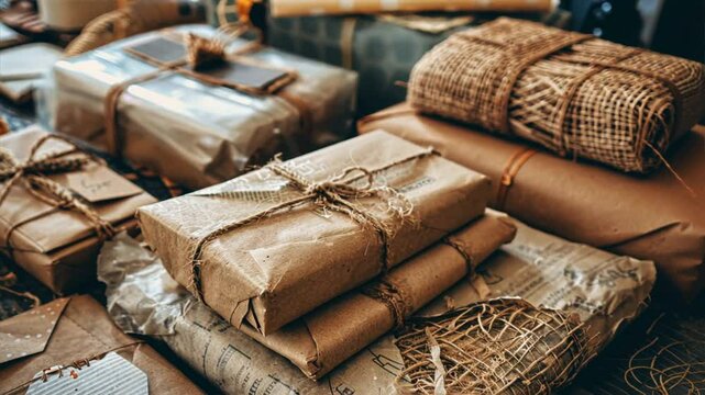 Cozy Rustic Gifts Wrapped Packages in Brown Paper and Twine, Showcasing Festive Textures for Warm Atmosphere