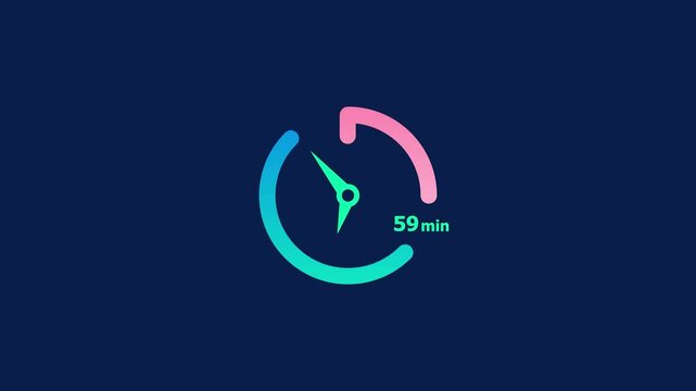 59 minute clock icon timer colorful Animation. Abstract dark blue background 4k Video.