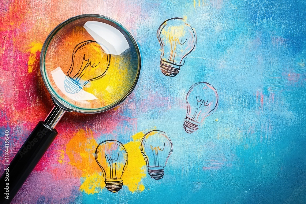 Poster creativity and brainstorming visuals featuring a magnifying glass over light bulb icons for innovati