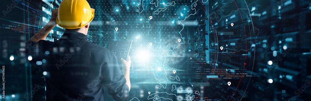 Poster Chief Engineer connecting data center on global networking in mainframe of server room of storage systems and connect of data on internet network business. Data Center, innovation of futuristic.