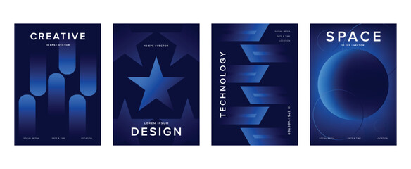 Abstract gradient poster background vector set. Minimalist style cover template with vibrant perspective 3d geometric prism shapes collection. Ideal design for social media, cover, banner, flyer.