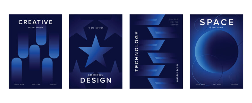 Abstract gradient poster background vector set. Minimalist style cover template with vibrant perspective 3d geometric prism shapes collection. Ideal design for social media, cover, banner, flyer.