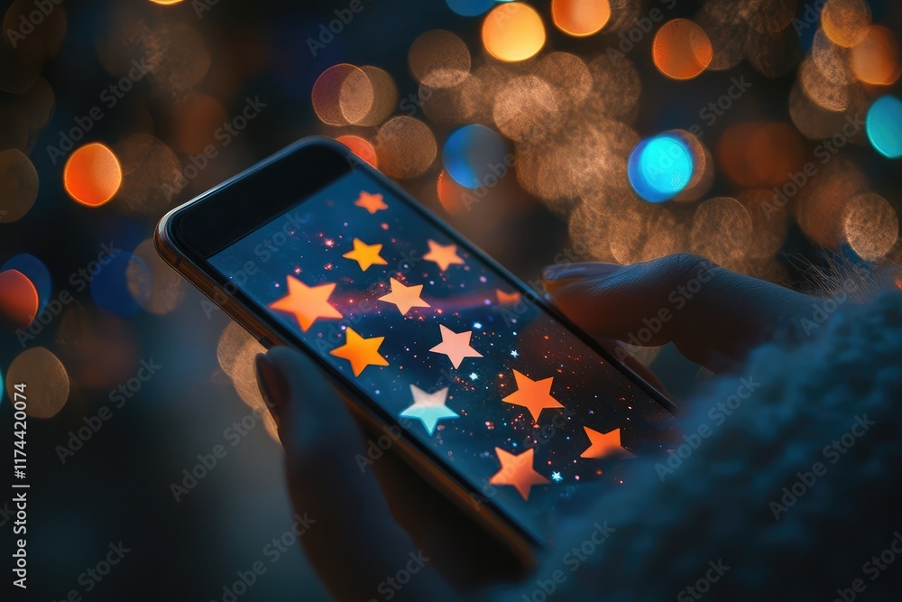 Poster customer satisfaction rating interface displayed on a mobile device with vibrant star ratings and po