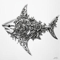 Intricate Mechanical Shark Design Combining Nature and Technology in Monochromatic Style